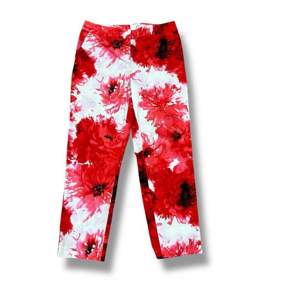 St John Size 8 Red White Floral Straight Leg Ankle Pants USA Designer - Picture 1 of 5